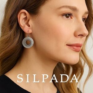 Silpada 925 Sterling Silver Oxidized Hammered CZ Circle Drop Earrings OS